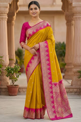 Mesmerising Yellow Pure Zari Weaving Banarasi Silk Saree With Quintessential Blouse Piece