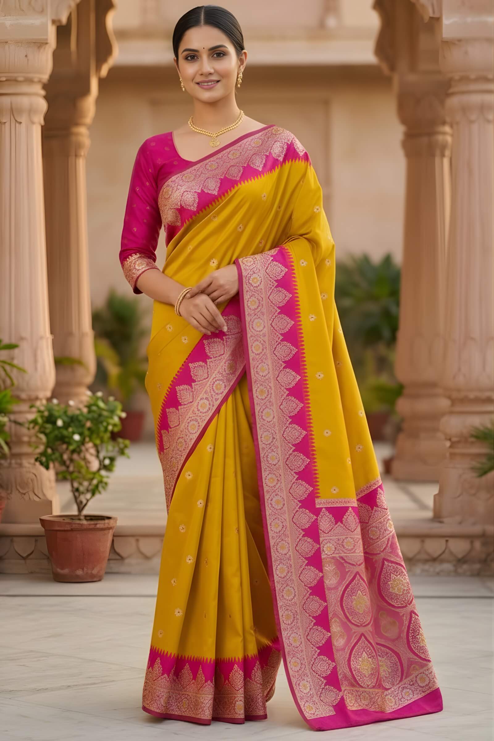 Mesmerising Yellow Pure Zari Weaving Banarasi Silk Saree With Quintessential Blouse Piece