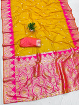 Mesmerising Yellow Pure Zari Weaving Banarasi Silk Saree With Quintessential Blouse Piece