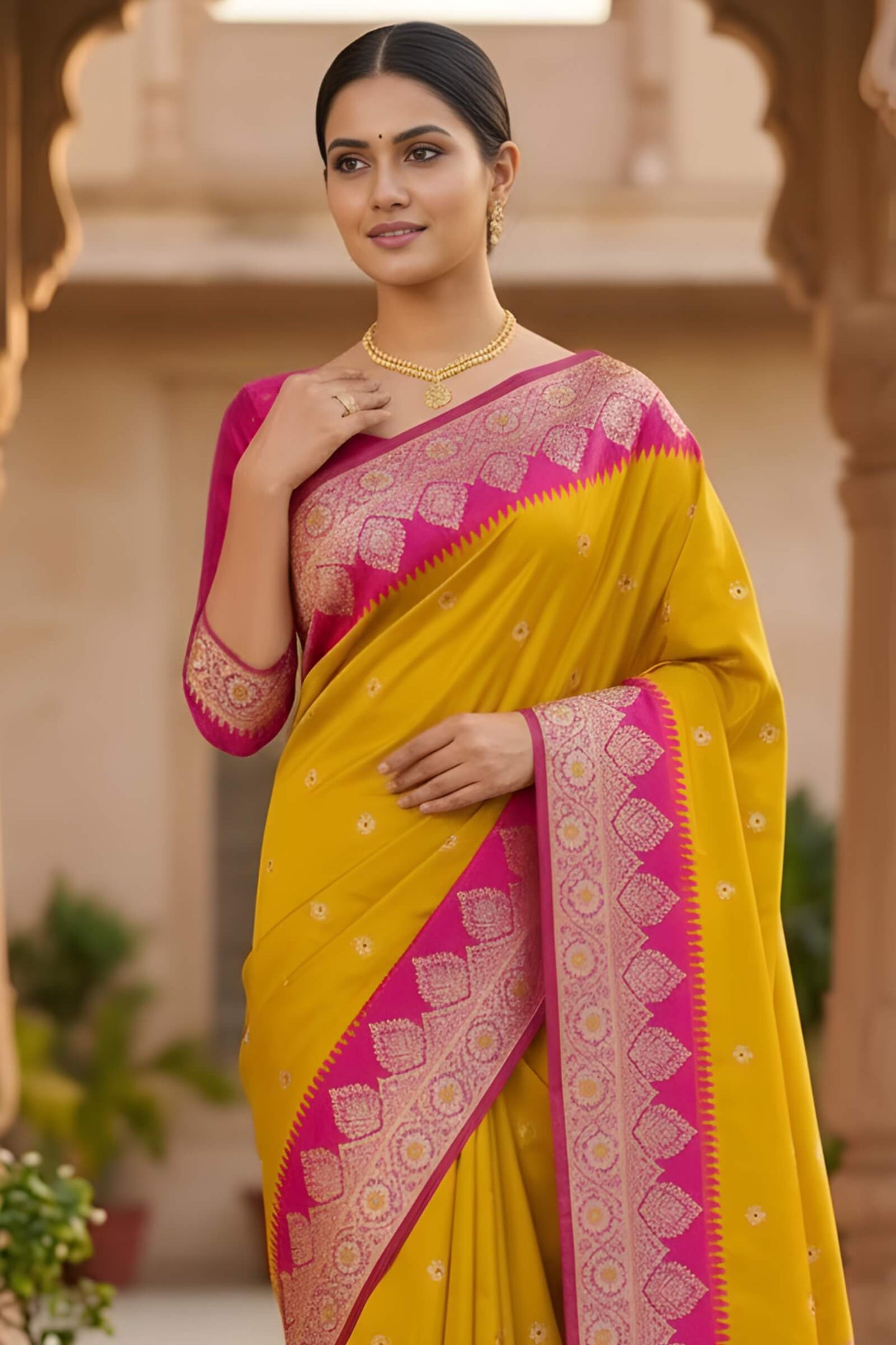 Mesmerising Yellow Pure Zari Weaving Banarasi Silk Saree With Quintessential Blouse Piece