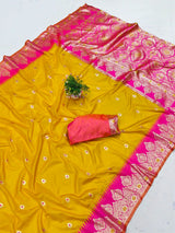 Mesmerising Yellow Pure Zari Weaving Banarasi Silk Saree With Quintessential Blouse Piece