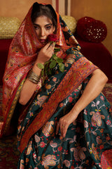 Dazzling Dark Green Pure Zari Weaving Banarasi Silk Saree With Inimitable Blouse Piece