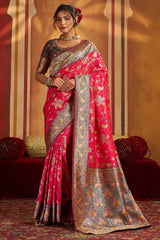 Snazzy Dark Pink Pure Zari Weaving Banarasi Silk Saree With Scintillating Blouse Piece