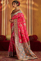 Snazzy Dark Pink Pure Zari Weaving Banarasi Silk Saree With Scintillating Blouse Piece