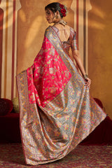 Snazzy Dark Pink Pure Zari Weaving Banarasi Silk Saree With Scintillating Blouse Piece