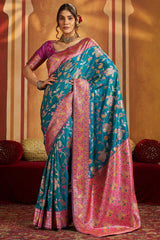 Assemblage Firozi Pure Zari Weaving Banarasi Silk Saree With Ravishing Blouse Piece