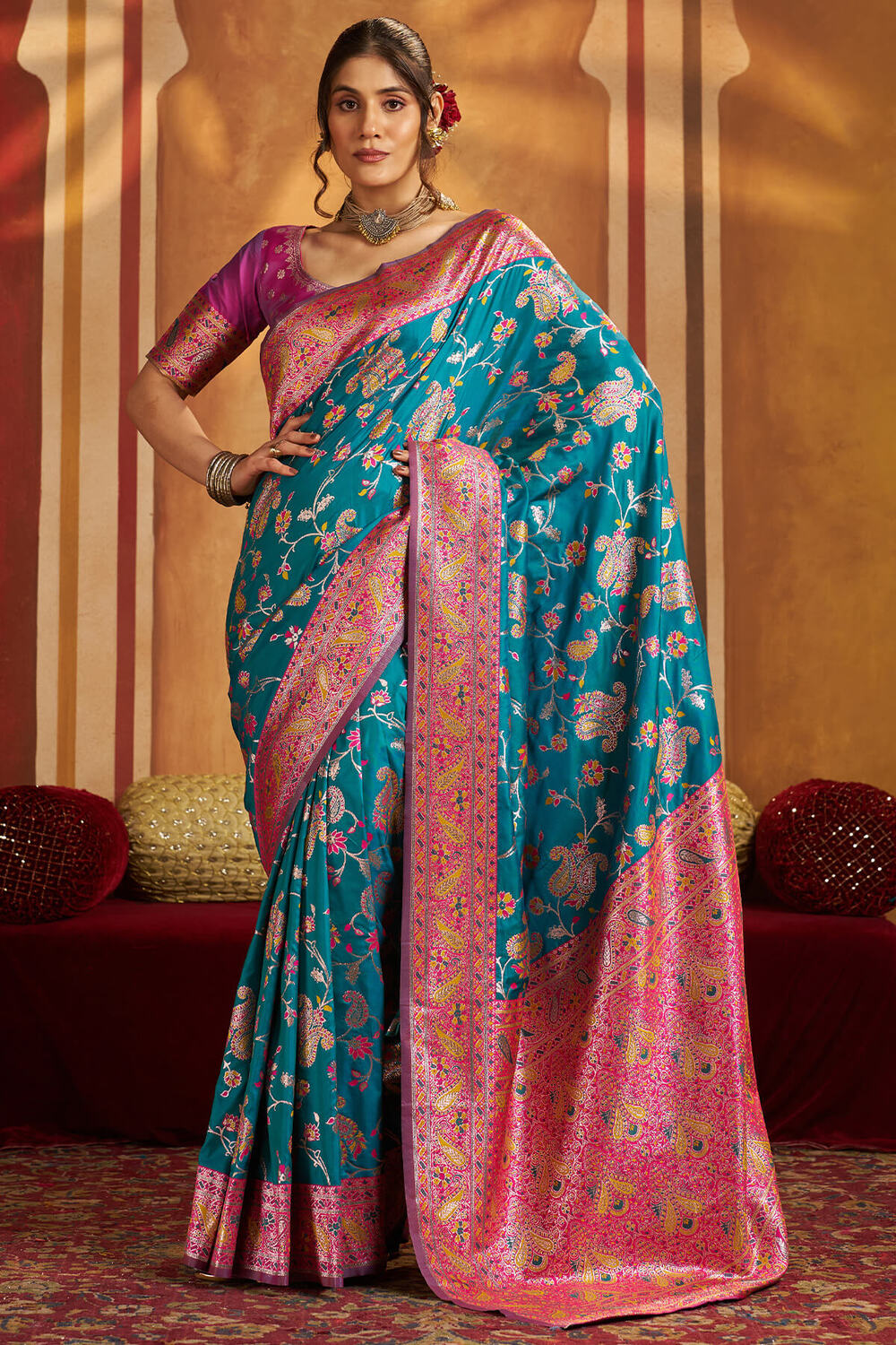 Assemblage Firozi Pure Zari Weaving Banarasi Silk Saree With Ravishing Blouse Piece