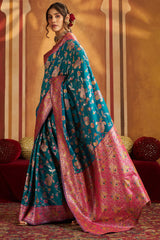 Assemblage Firozi Pure Zari Weaving Banarasi Silk Saree With Ravishing Blouse Piece