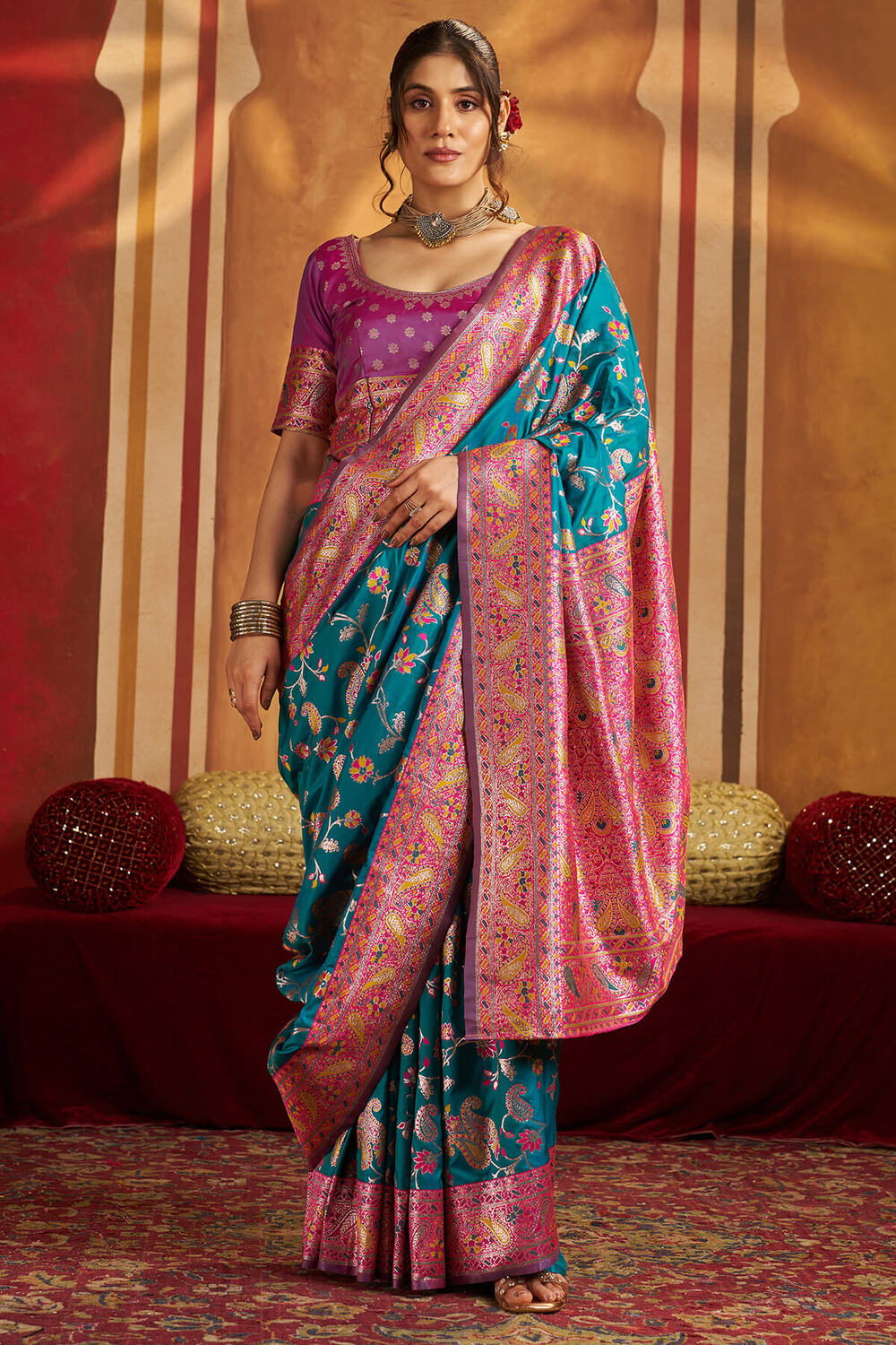 Assemblage Firozi Pure Zari Weaving Banarasi Silk Saree With Ravishing Blouse Piece