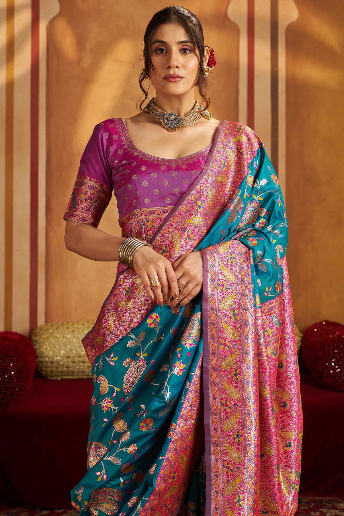 Assemblage Firozi Pure Zari Weaving Banarasi Silk Saree With Ravishing Blouse Piece