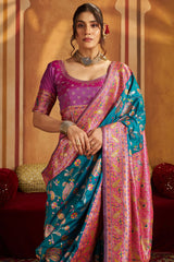 Assemblage Firozi Pure Zari Weaving Banarasi Silk Saree With Ravishing Blouse Piece