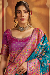 Assemblage Firozi Pure Zari Weaving Banarasi Silk Saree With Ravishing Blouse Piece
