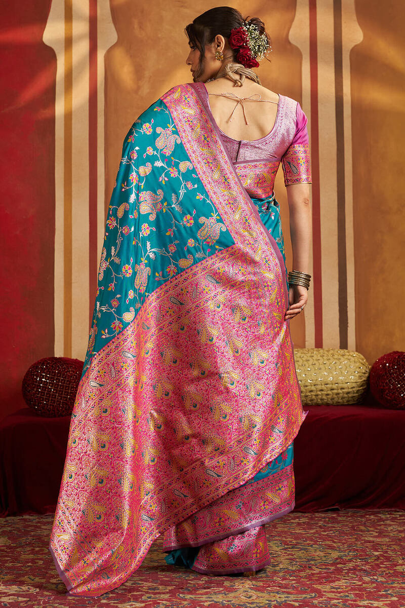 Assemblage Firozi Pure Zari Weaving Banarasi Silk Saree With Ravishing Blouse Piece