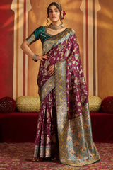 Glowing Purple Pure Zari Weaving Banarasi Silk Saree With Designer Blouse Piece