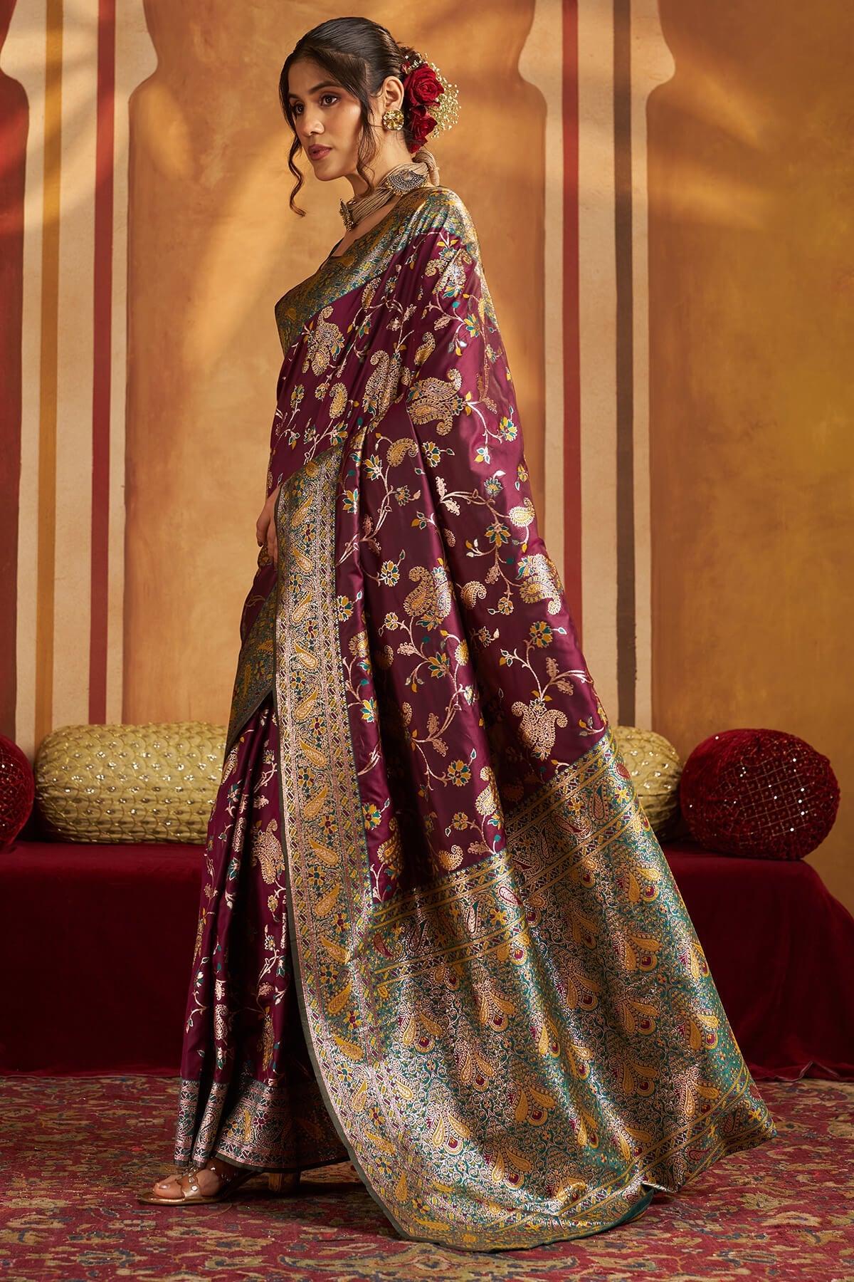 Glowing Purple Pure Zari Weaving Banarasi Silk Saree With Designer Blouse Piece