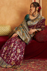 Glowing Purple Pure Zari Weaving Banarasi Silk Saree With Designer Blouse Piece