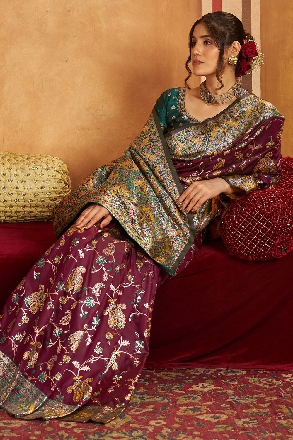 Glowing Purple Pure Zari Weaving Banarasi Silk Saree With Designer Blouse Piece