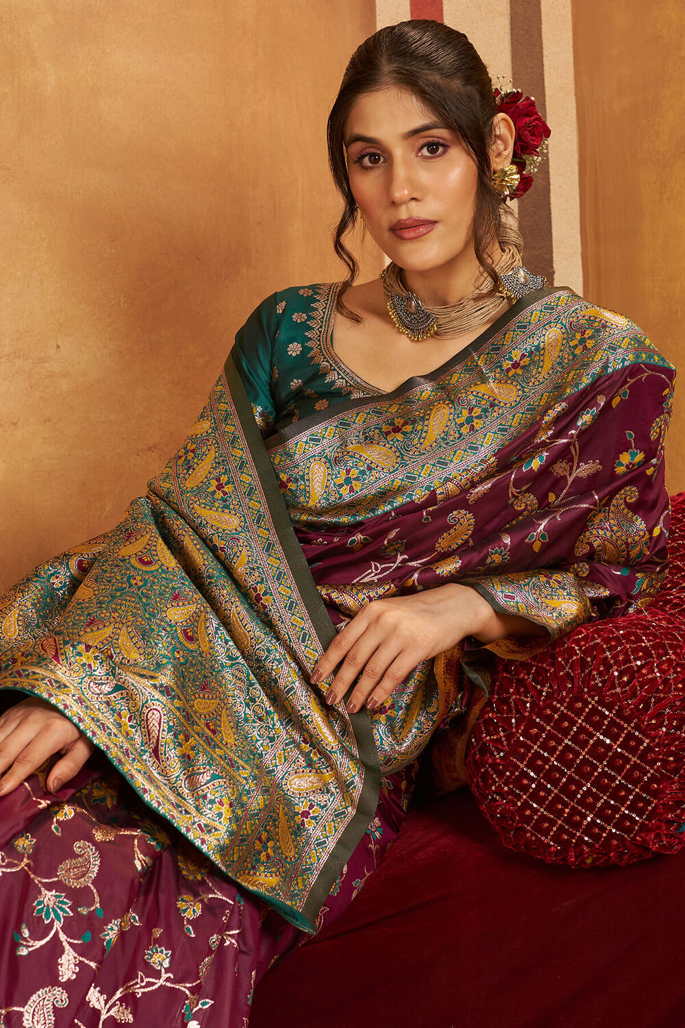 Glowing Purple Pure Zari Weaving Banarasi Silk Saree With Designer Blouse Piece