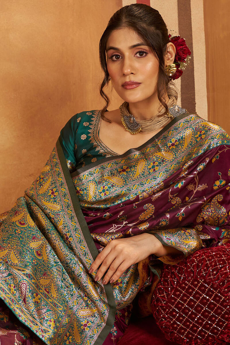 Glowing Purple Pure Zari Weaving Banarasi Silk Saree With Designer Blouse Piece