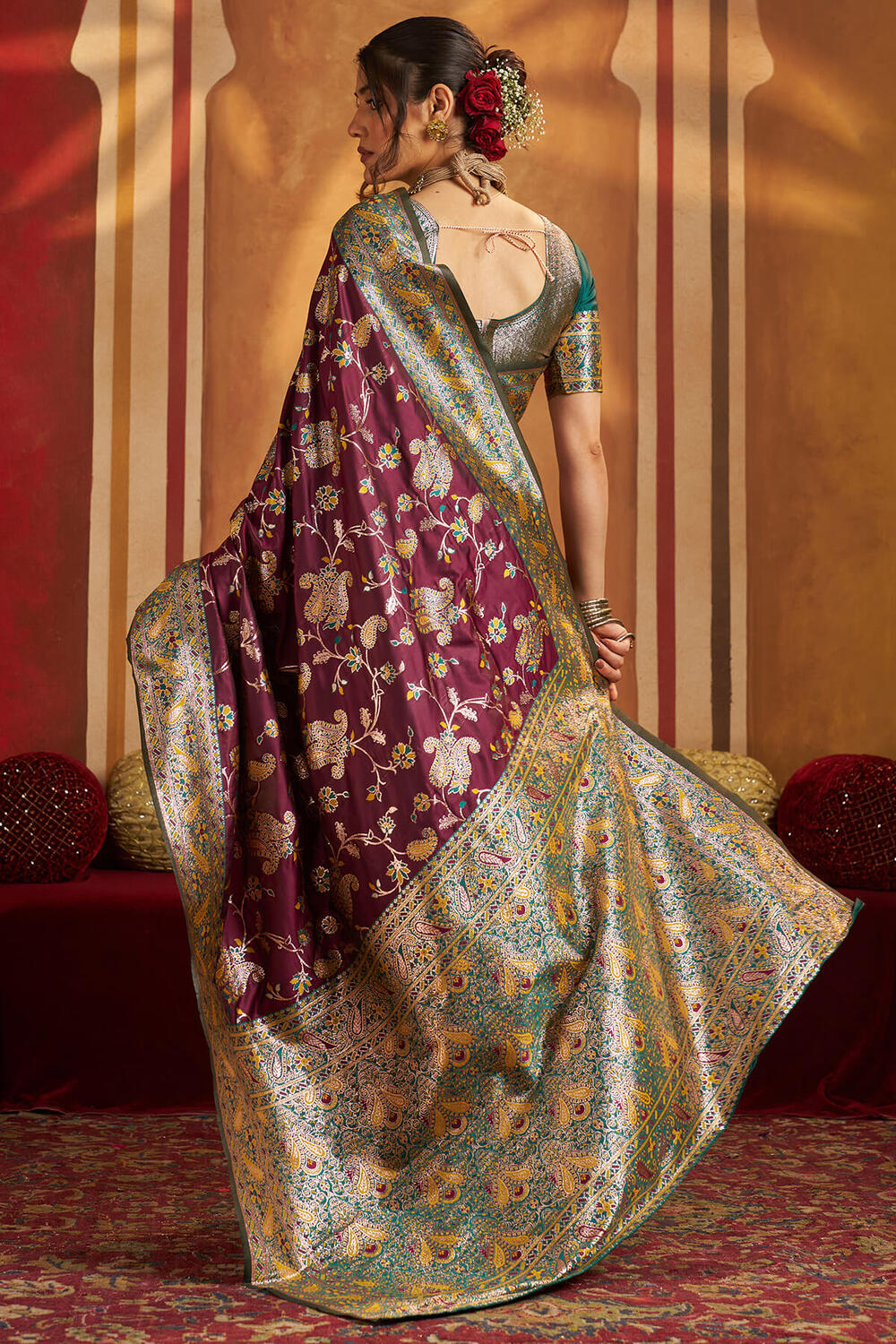 Glowing Purple Pure Zari Weaving Banarasi Silk Saree With Designer Blouse Piece