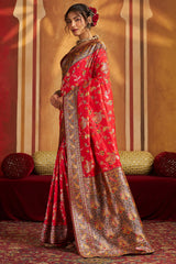 Demesne Red Pure Zari Weaving Banarasi Silk Saree With Lovely Blouse Piece