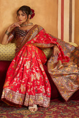 Demesne Red Pure Zari Weaving Banarasi Silk Saree With Lovely Blouse Piece