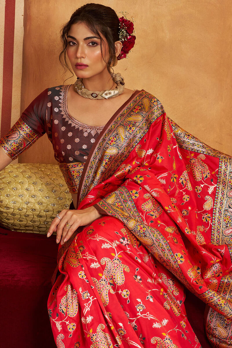 Demesne Red Pure Zari Weaving Banarasi Silk Saree With Lovely Blouse Piece