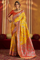 Gratifying Yellow Pure Zari Weaving Banarasi Silk Saree With Piquant Blouse Piece