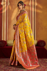 Gratifying Yellow Pure Zari Weaving Banarasi Silk Saree With Piquant Blouse Piece
