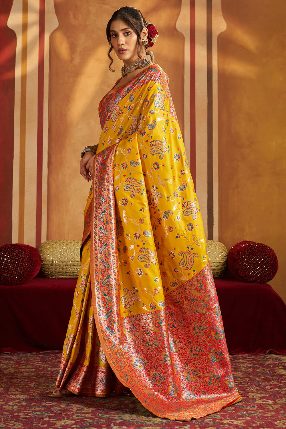 Gratifying Yellow Pure Zari Weaving Banarasi Silk Saree With Piquant Blouse Piece