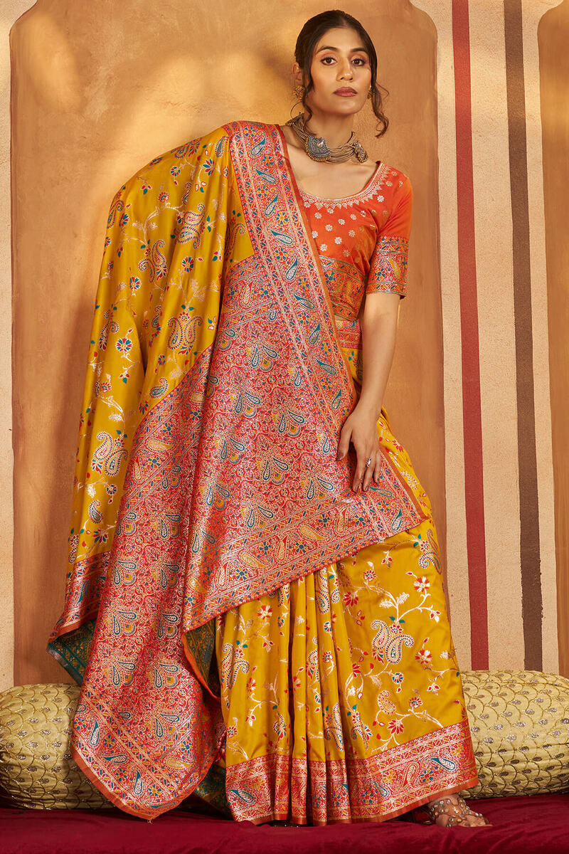 Gratifying Yellow Pure Zari Weaving Banarasi Silk Saree With Piquant Blouse Piece