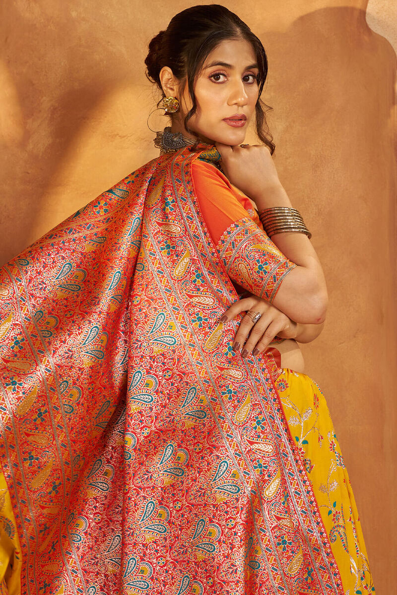 Gratifying Yellow Pure Zari Weaving Banarasi Silk Saree With Piquant Blouse Piece