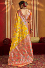 Gratifying Yellow Pure Zari Weaving Banarasi Silk Saree With Piquant Blouse Piece