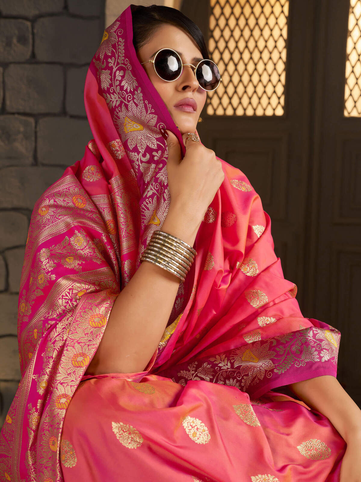 Lagniappe Pink Pure Zari Weaving Banarasi Silk Saree With Sophisticated Blouse Piece