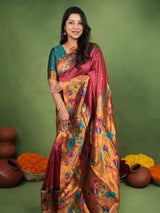 Moiety Maroon Paithani Silk Saree With Girlish Blouse Piece