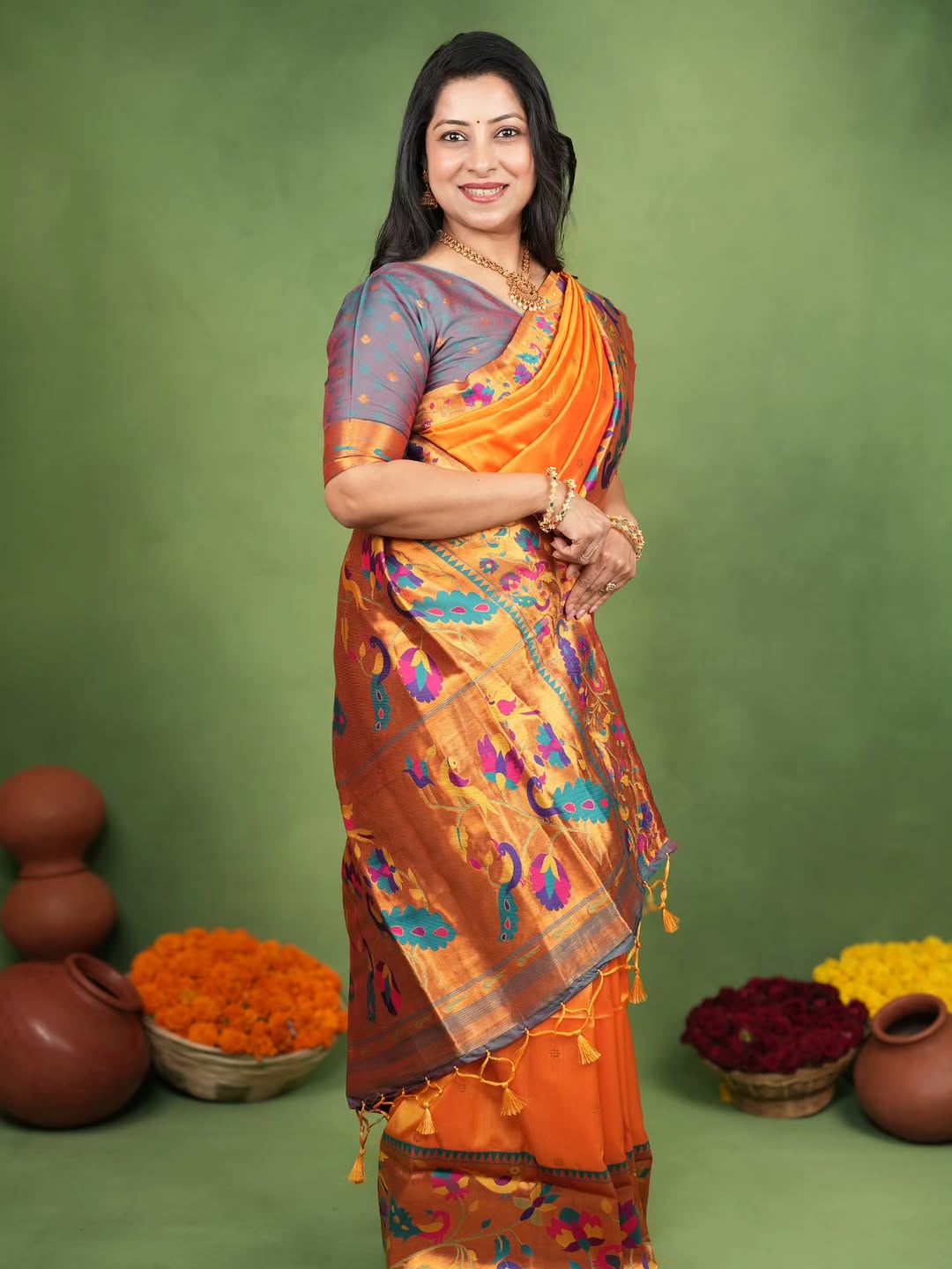 Pulsating Orange Paithani Silk Saree With Bucolic Blouse Piece