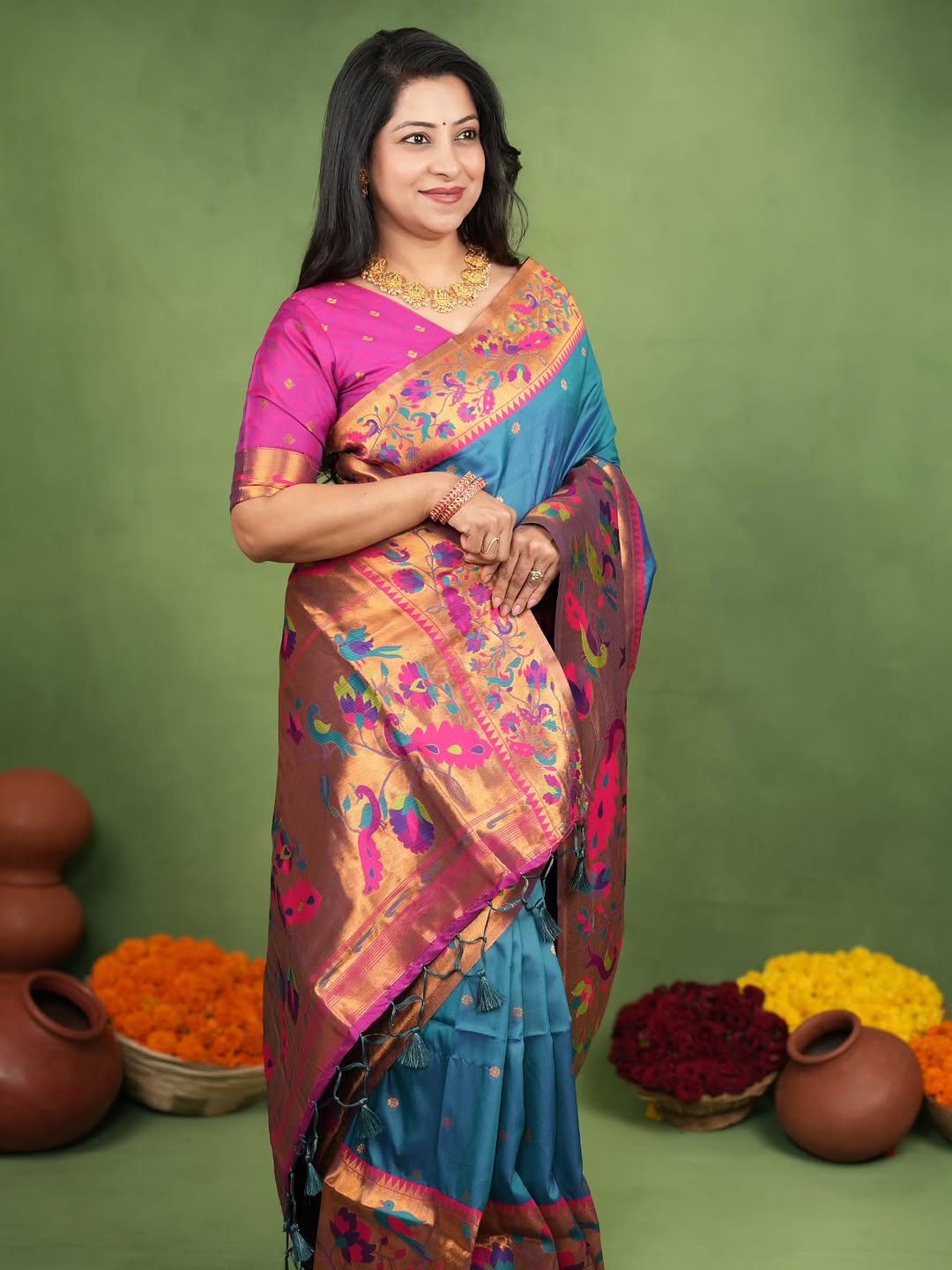 Flaunt Rama Paithani Silk Saree With Jubilant Blouse Piece