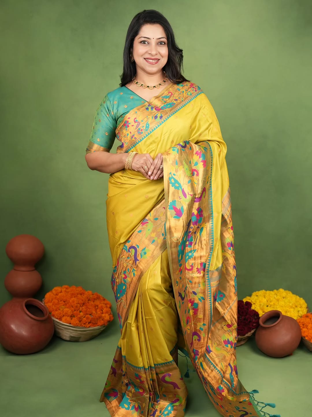 Ravishing Yellow Paithani Silk Saree With Gorgeous Blouse Piece