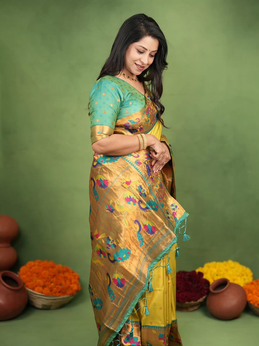 Ravishing Yellow Paithani Silk Saree With Gorgeous Blouse Piece