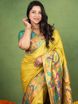 Ravishing Yellow Paithani Silk Saree With Gorgeous Blouse Piece