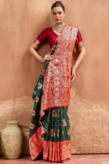 Flameboyant Dark Green Pure Zari Weaving Banarasi Silk Saree With Chatoyant Blouse Piece