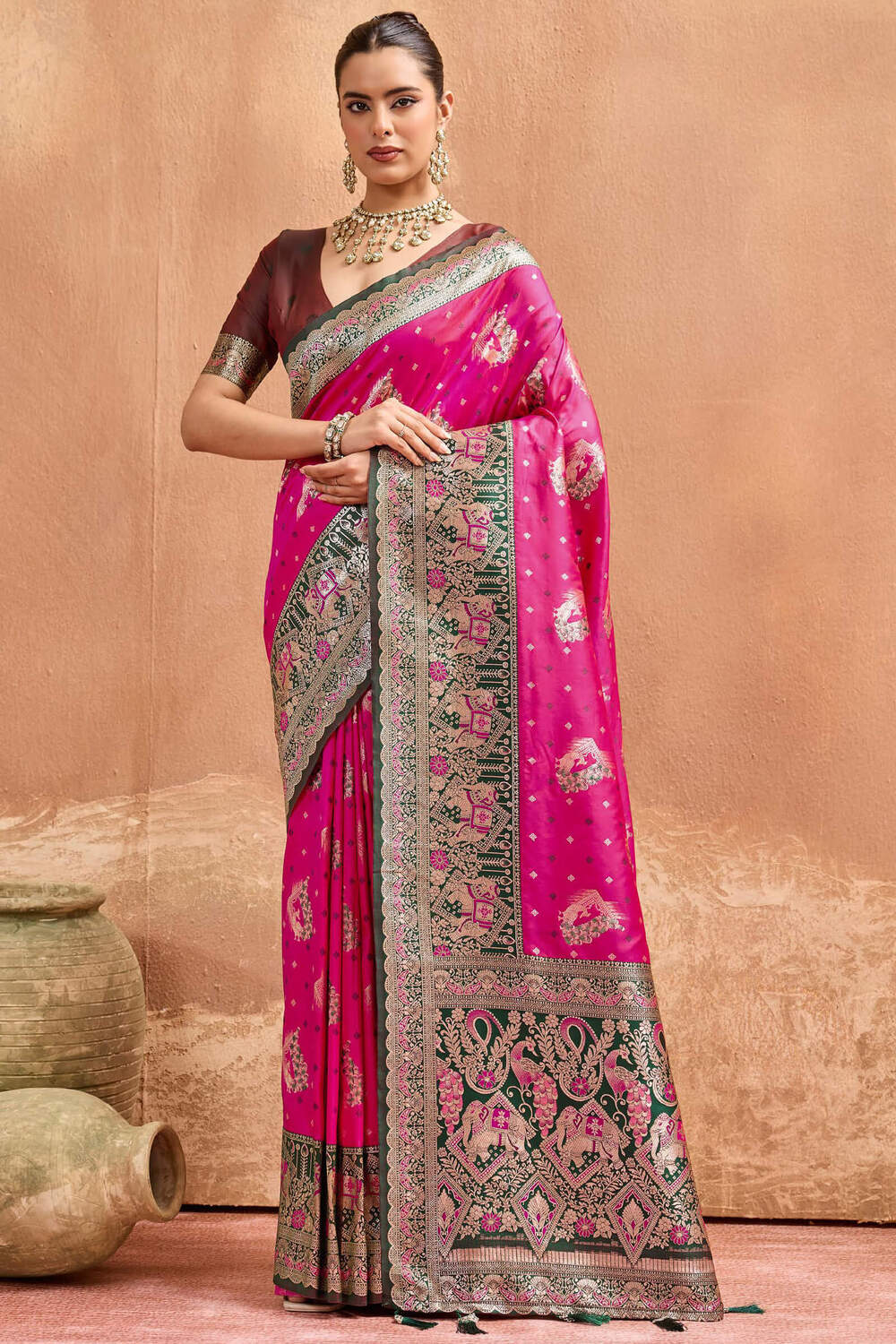 Fairytale Dark Pink Pure Zari Weaving Banarasi Silk Saree With Splendiferous Blouse Piece