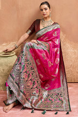 Fairytale Dark Pink Pure Zari Weaving Banarasi Silk Saree With Splendiferous Blouse Piece