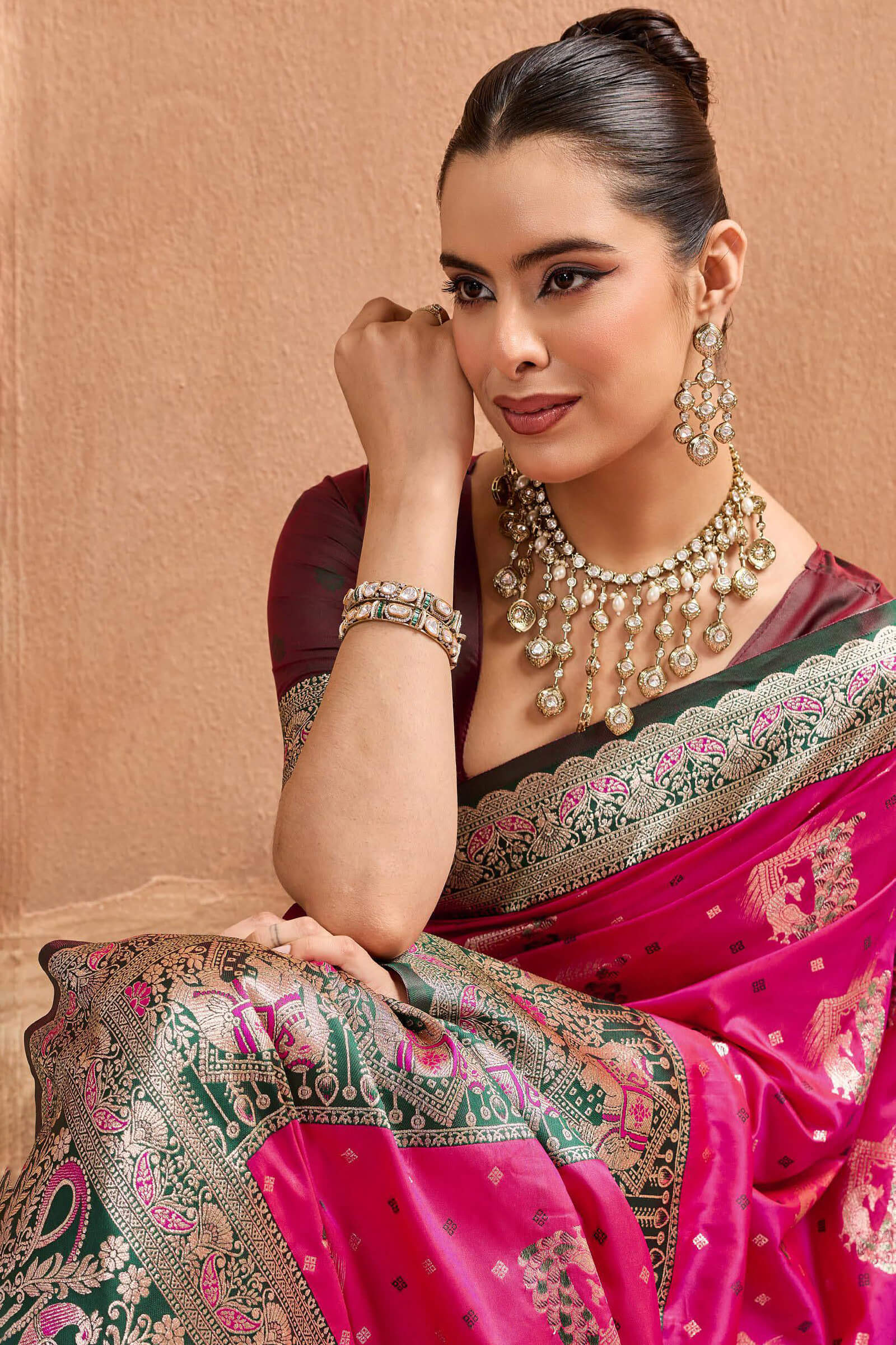 Fairytale Dark Pink Pure Zari Weaving Banarasi Silk Saree With Splendiferous Blouse Piece