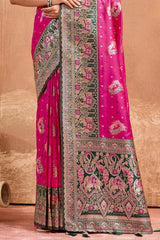 Fairytale Dark Pink Pure Zari Weaving Banarasi Silk Saree With Splendiferous Blouse Piece