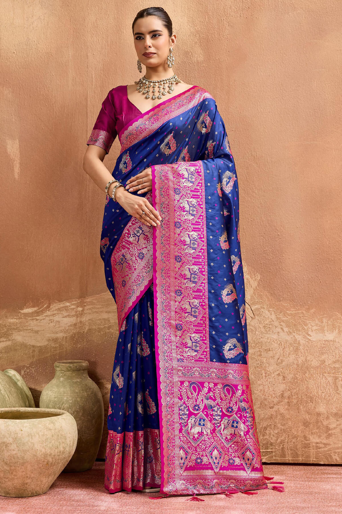Capricious Navy Blue Pure Zari Weaving Banarasi Silk Saree With Verdant Blouse Piece