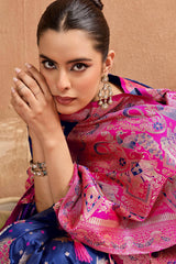 Capricious Navy Blue Pure Zari Weaving Banarasi Silk Saree With Verdant Blouse Piece