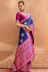 Capricious Navy Blue Pure Zari Weaving Banarasi Silk Saree With Verdant Blouse Piece