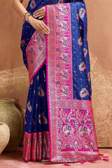 Capricious Navy Blue Pure Zari Weaving Banarasi Silk Saree With Verdant Blouse Piece
