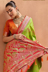 Angelic Parrot Pure Zari Weaving Banarasi Silk Saree With Scintilla Blouse Piece